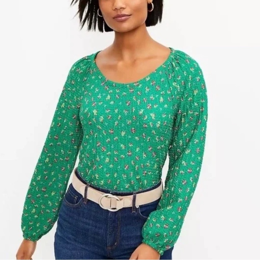 LOFT Floral Stretchy Long Sleeve Shirt, Kelly Green